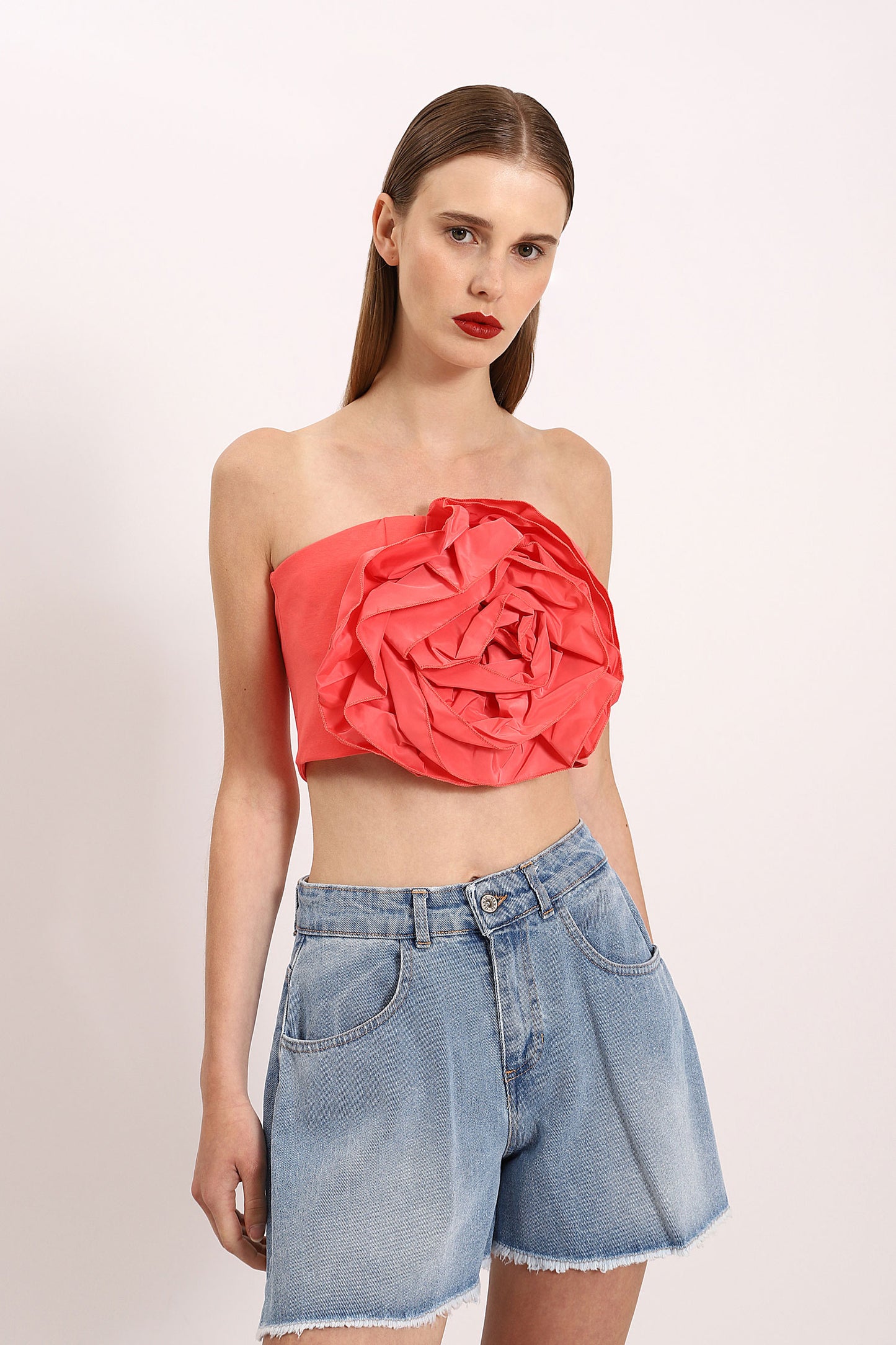 DIXIE Solid-Colour Crop Top with Floral Embellishment