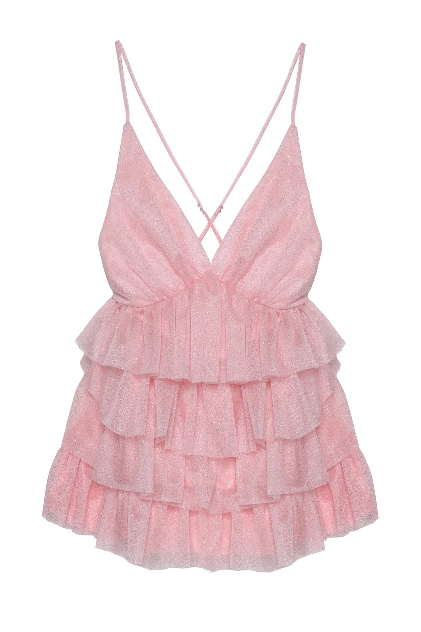 QUZU Glittery Ruffle Detail Low-cut Mini Dress Pink