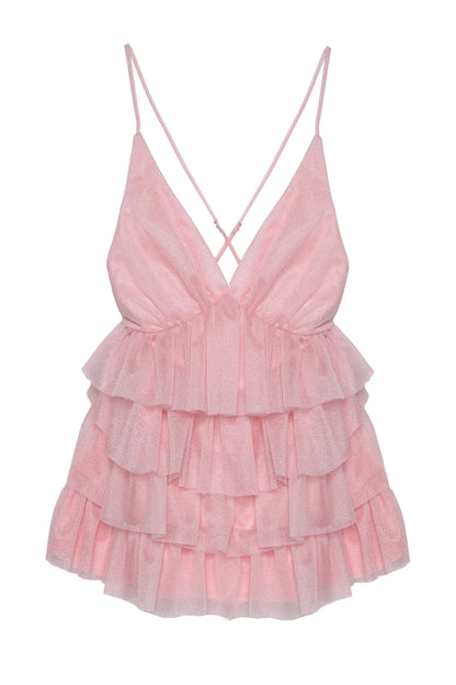 QUZU Glittery Ruffle Detail Low-cut Mini Dress Pink