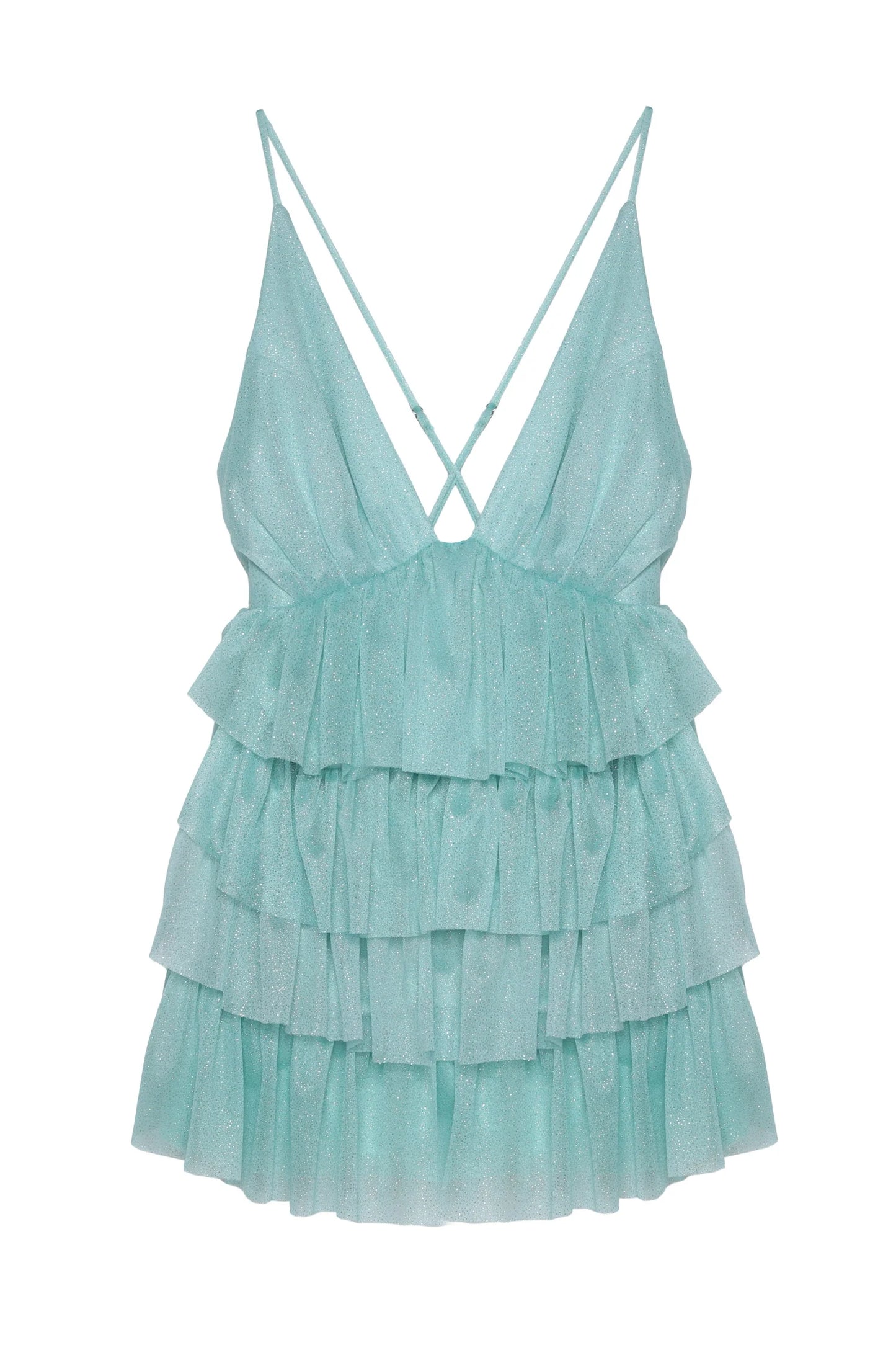 QUZU Glitter Ruffle Detail Low-cut Mini Dress Mint