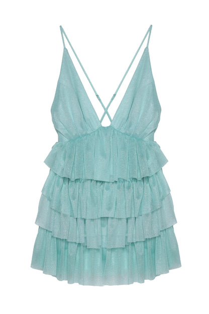 QUZU Glitter Ruffle Detail Low-cut Mini Dress Mint