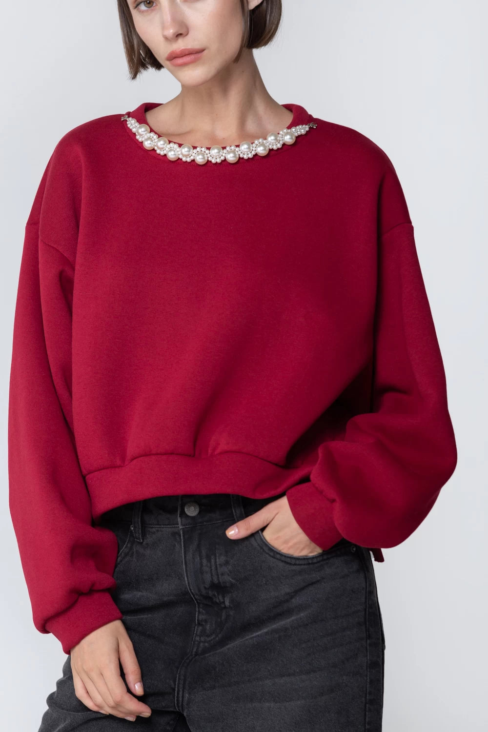 TWO WAY Pearl Necklace Sweatshirt