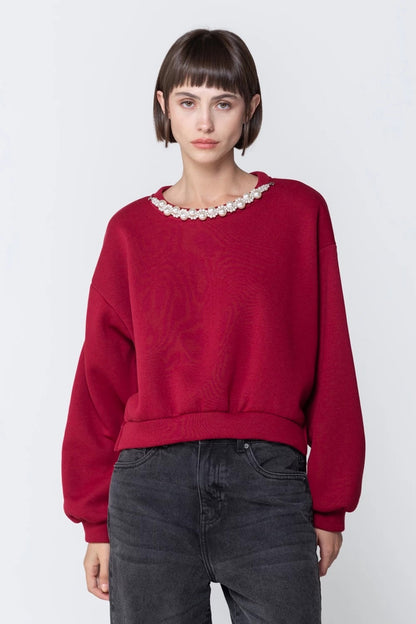 TWO WAY Pearl Necklace Sweatshirt