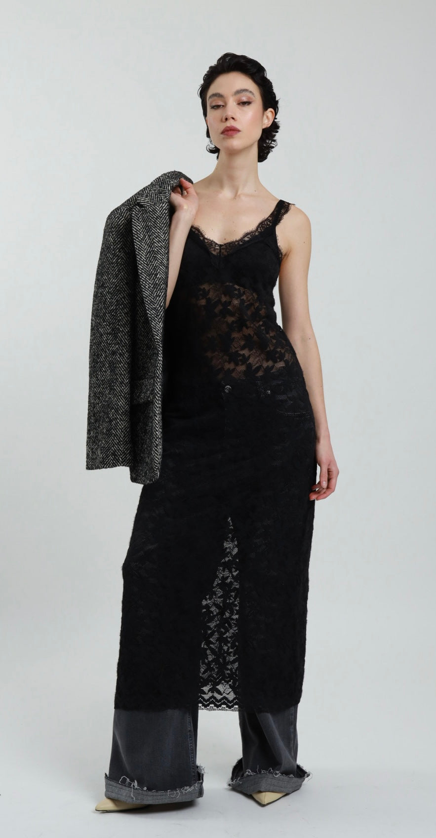 SEE-THROUGH LONG DRESS WITH LACE - BLACK