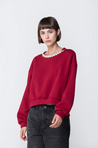 TWO WAY Pearl Necklace Sweatshirt